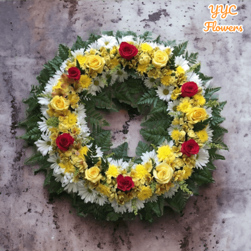 yyc wreath yellow and white roses Funeral Flowers arrangement